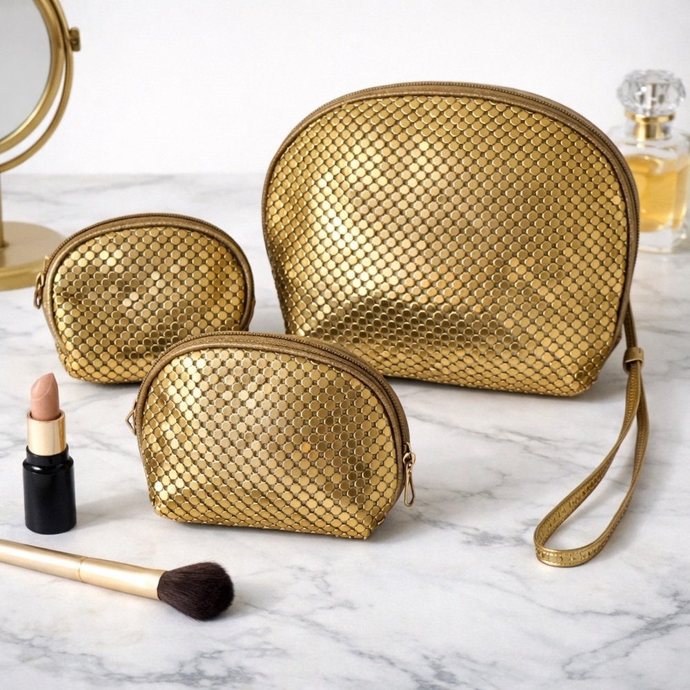 ✨ Gold Mesh Makeup Bag Set of 3 · Cosmetic Pouches · New ✨